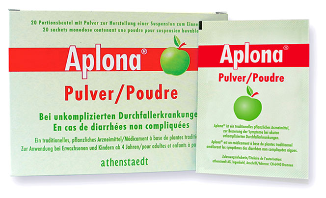 Abbildung Packung Medikament Aplona® Pulver/Poudre mit Portionsbeutel gegen Durchfall